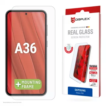 Displex apsauginis stiklas (10H), skirtas Samsung Galaxy A36, Eco montavimo rėmelis, atsparus įbrėžimams