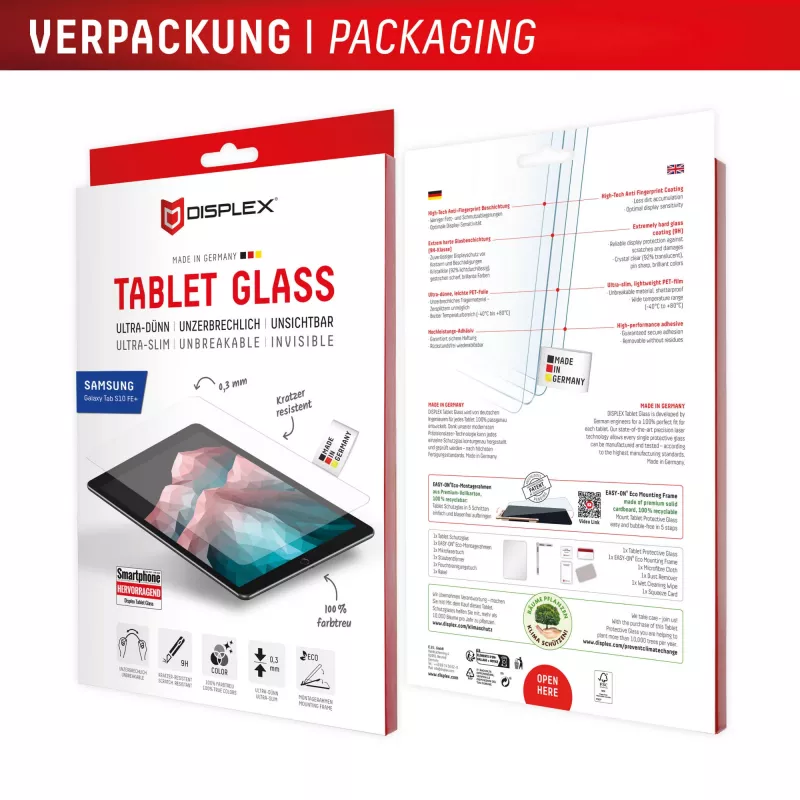 Displex Tablet Glass (9H), skirtas Samsung Galaxy Tab S10 FE+, su Eco montavimo rėmeliu, nedūžtantis