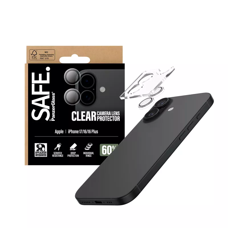 PanzerGlass SAFE fotoaparato objektyvo apsauga iPhone 17 16 16 Plus, permatoma, atspari įbrėžimams ir smūgiams