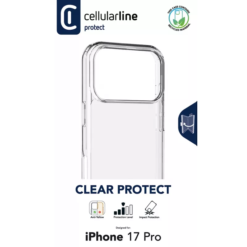 Cellularline Clear Protect kietas dėklas iPhone 17 Pro su guminiais kraštais