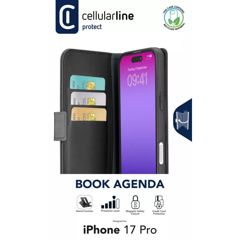 Cellularline Book Agenda dėklas iPhone 17 Pro su magnetiniu užsegimu, odos efekto