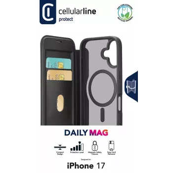 Cellularline Daily Mag - iPhone 17 knyginis dėklas su permatoma kieta nugarėle, suderinamas su MagSafe® ekosistema