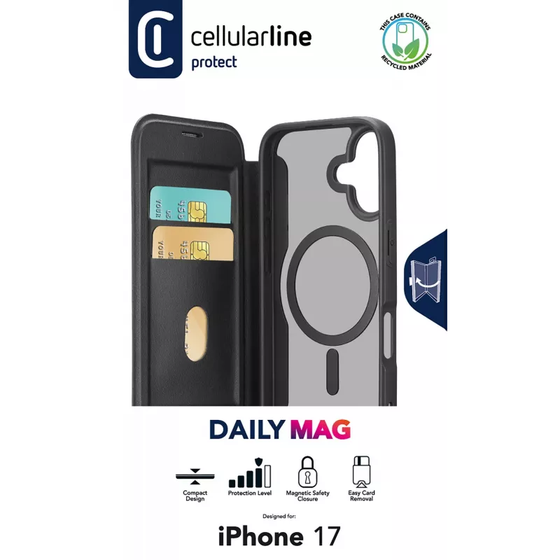 Cellularline Daily Mag - iPhone 17 knyginis dėklas su permatoma kieta nugarėle, suderinamas su MagSafe® ekosistema