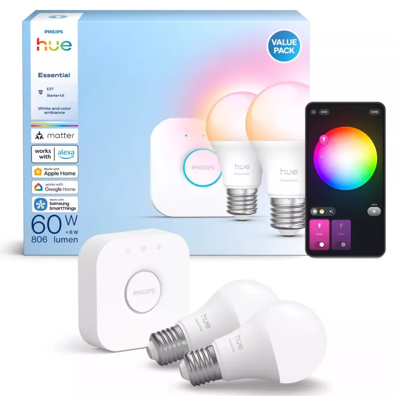 Philips Hue White and colour ambience Essential pradinis rinkinys: 2 E27 išmaniosios lemputės (806 lm)
