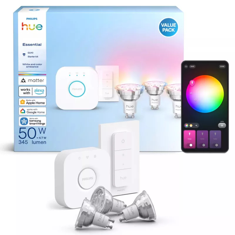Philips Hue White and colour ambience Essential pradinis rinkinys: 3 GU10 išmaniosios lemputės (345 lm) + reguliatorius