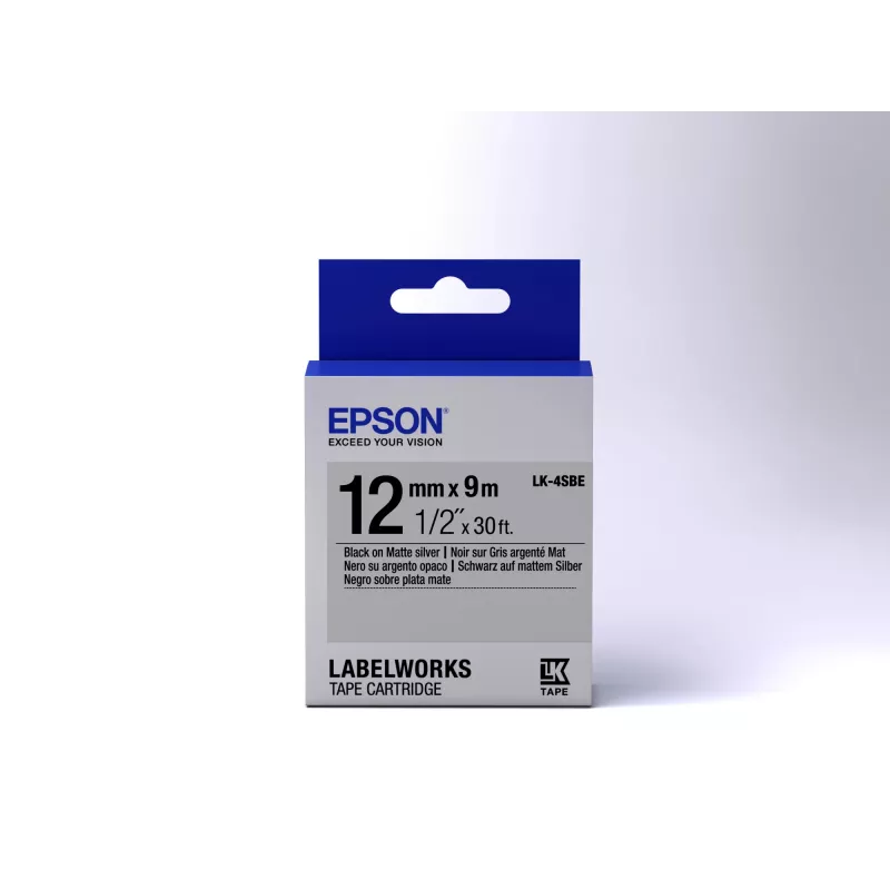 Epson kasetė su etikečių juostele matinė LK-4SBE juoda/matinis sidabras 12mm (9m)