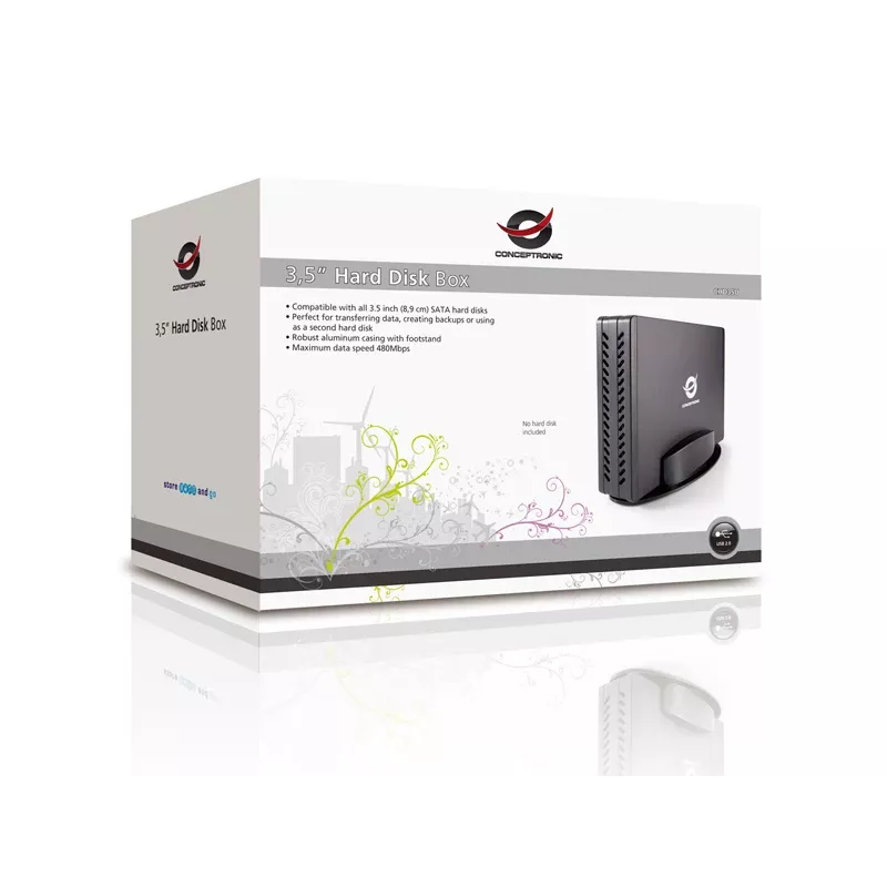 Conceptronic 3.5 colio išorinis kietojo disko dėklas, HDD korpusas, 3.5 colio, SATA, SATA II, SATA III, 0.48 Gbit/s, USB jungtis, juoda