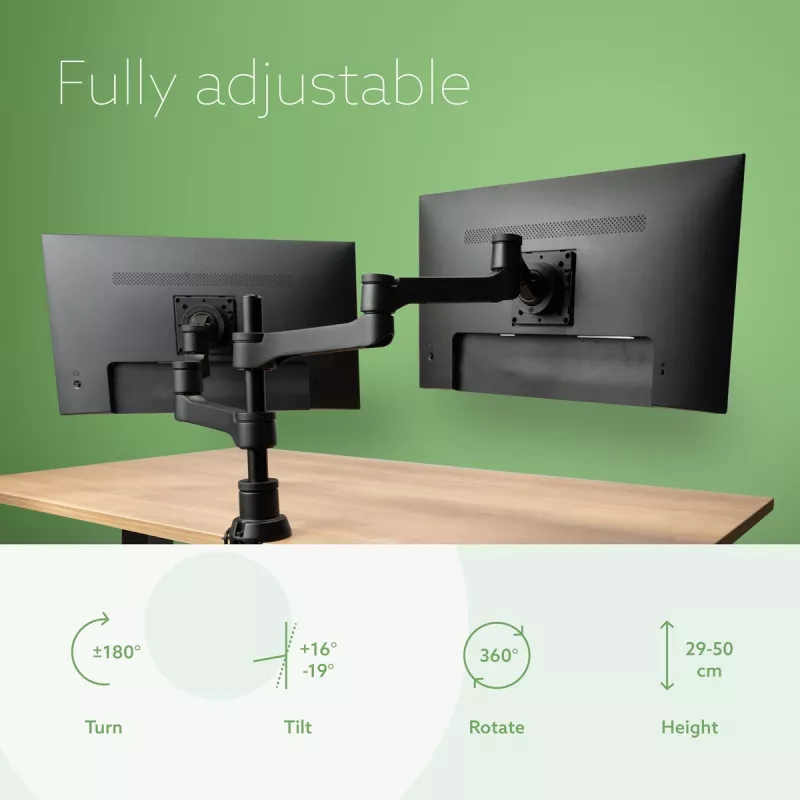 R-Go Tools monitorinė ranka R-Go Zepher Dual, dviems monitoriams, pilnai reguliuojama, 0-8 kg keliamoji galia, 100% cirkuliari, juoda