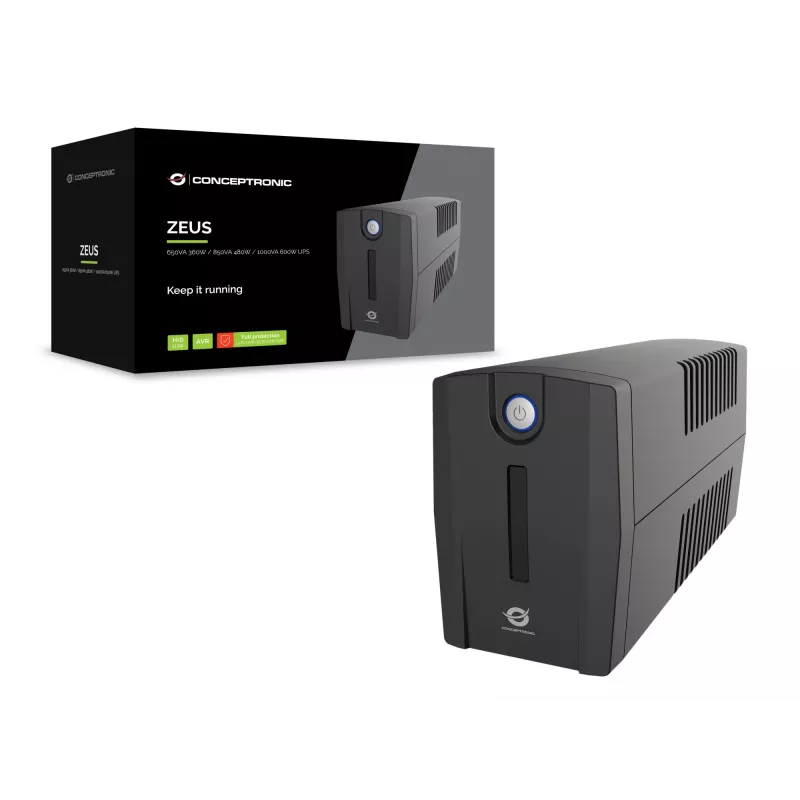 Conceptronic ZEUS01G 650VA 360W nepertraukiamo maitinimo šaltinis (UPS), 2x JK lizdai, HID USB, RJ45 In/Out, AVR
