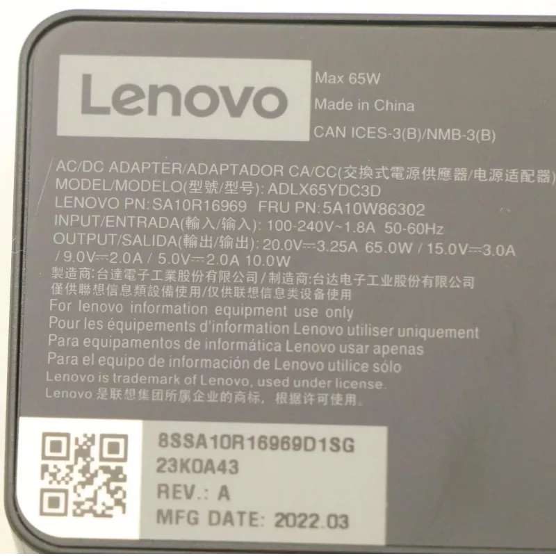 Lenovo 5A10W86302 maitinimo adapteris / keitiklis 65 W juodas