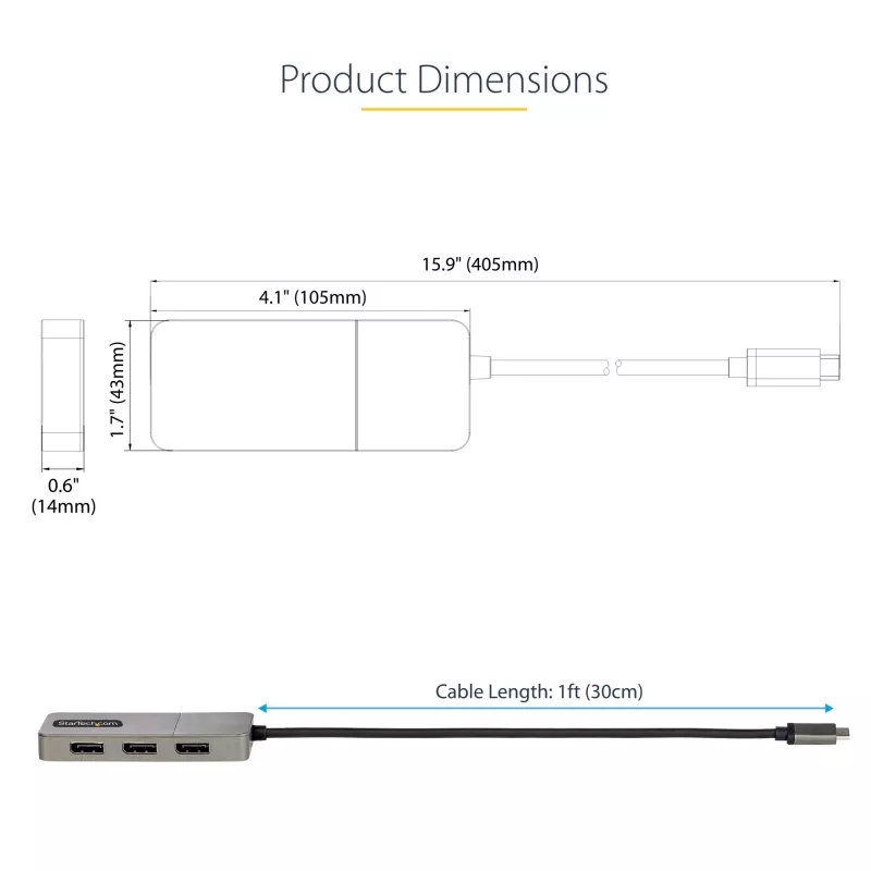 StarTech.com 3 prievadų USB-C kelių monitorių adapteris, USB Type-C į 3x DisplayPort 1.4 MST šakotuvas, trigubas 4K 60Hz DP nešiojamojo kompiuterio ekrano išplėtimo / skirstytuvas, HDR, ilgas integruotas kabelis - tik Windows