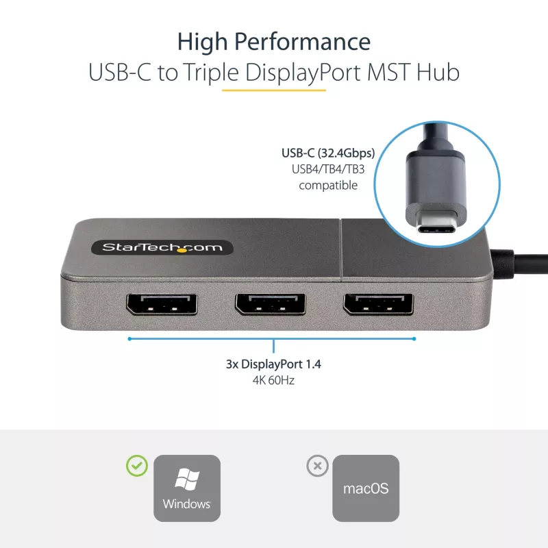 StarTech.com 3 prievadų USB-C kelių monitorių adapteris, USB Type-C į 3x DisplayPort 1.4 MST šakotuvas, trigubas 4K 60Hz DP nešiojamojo kompiuterio ekrano išplėtimo / skirstytuvas, HDR, ilgas integruotas kabelis - tik Windows