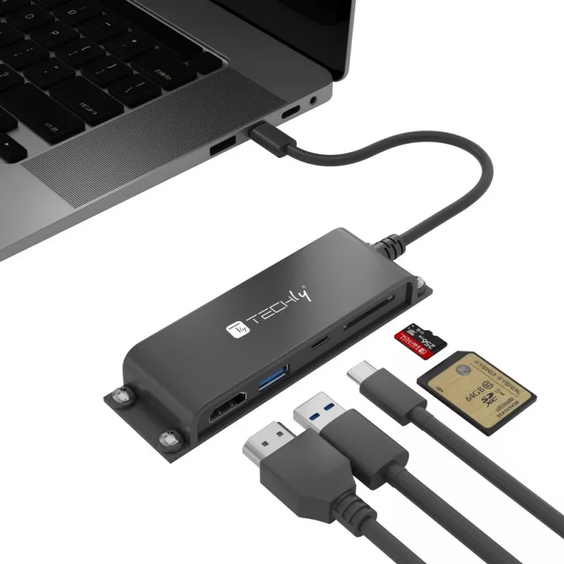 Techly IADAP-USBC-935 belaidė stotelė / prievadų replikatorius, USB 3.2 Gen 1 (3.1 Gen 1) Type-C, juoda
