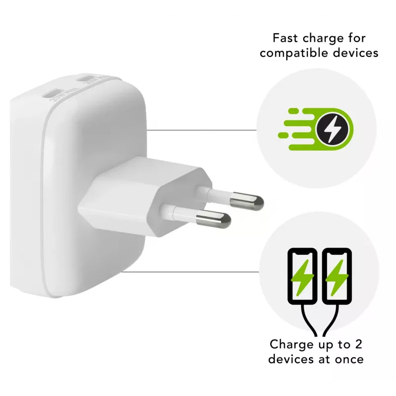 Sieninis įkroviklis d bramante re-charge Pro EU Flat 2×USB-C 20W Baltas (patalpoms)