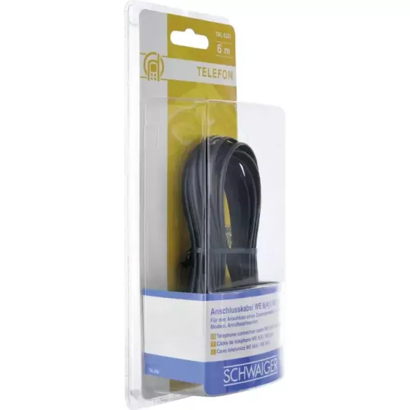 Telefono kabelis Schwaiger RJ-11 – RJ-11, 6 m, juodas