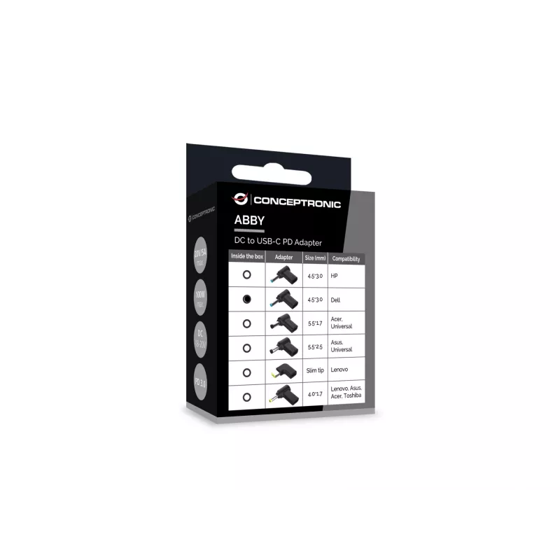 Conceptronic ABBY15PC02 DC į USB-C adapteris, Dell 4.5x3.0mm, 18-20V