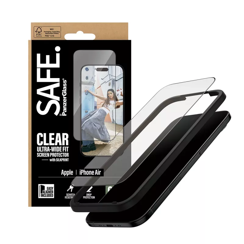 PanzerGlass SAFE Ultra-Wide Fit ekrano apsauga su juodu rėmeliu, Apple iPhone Air