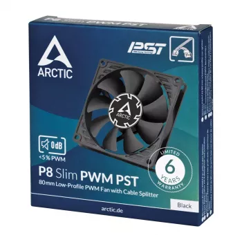 Ventiliatorius Arctic P8 Slim PWM PST 80mm žemo profilio 38,23 m³/h skysčio dinaminis guolis juodas