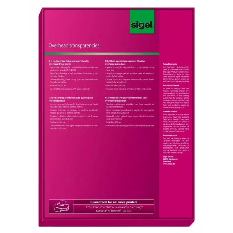 Spausdinimo plėvelė Laser Sigel LF419 A4 210×297 mm skaidri 100 lapų