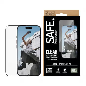PanzerGlass SAFE. apsauginis stiklas su juodu rėmeliu iPhone 17 | 16 Pro | Ultra-Wide Fit su EasyAligner