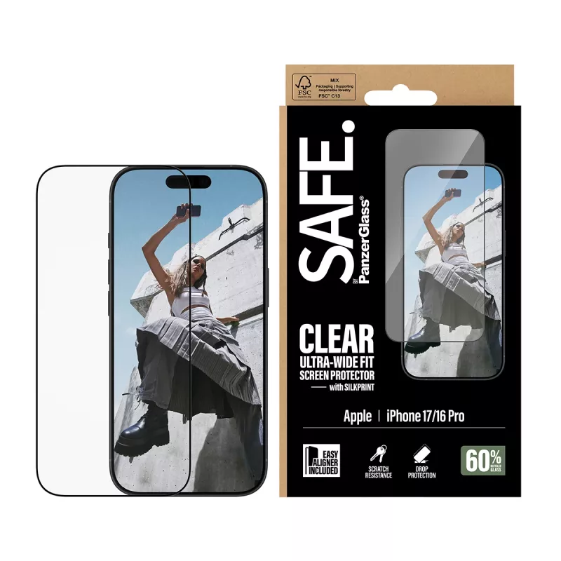 PanzerGlass SAFE. apsauginis stiklas su juodu rėmeliu iPhone 17 | 16 Pro | Ultra-Wide Fit su EasyAligner