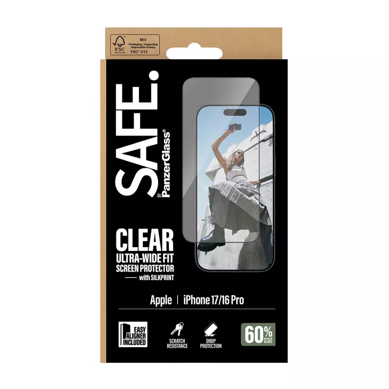 PanzerGlass SAFE. apsauginis stiklas su juodu rėmeliu iPhone 17 | 16 Pro | Ultra-Wide Fit su EasyAligner