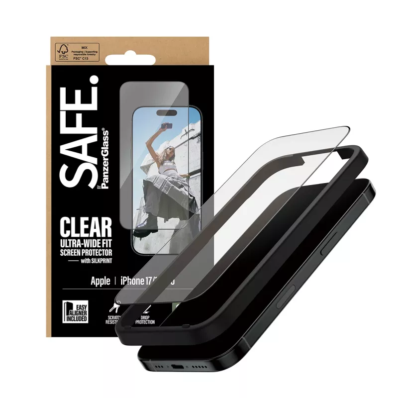 PanzerGlass SAFE. apsauginis stiklas su juodu rėmeliu iPhone 17 | 16 Pro | Ultra-Wide Fit su EasyAligner