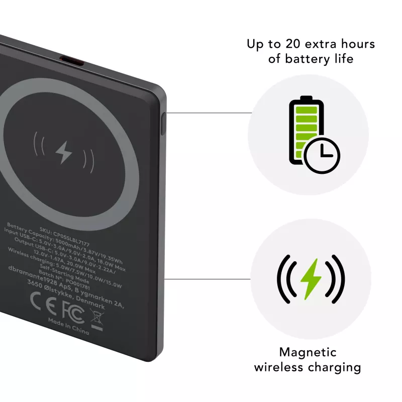 dbramante1928 re-charge - Power Bank 5K Wireless - Pilka, 5000 mAh, belaidis įkrovimas, 3.87 V, Pilka