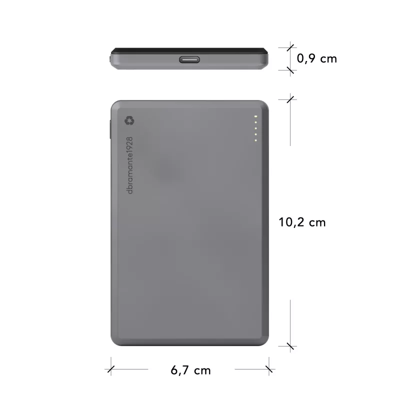 dbramante1928 re-charge - Power Bank 5K Wireless - Pilka, 5000 mAh, belaidis įkrovimas, 3.87 V, Pilka