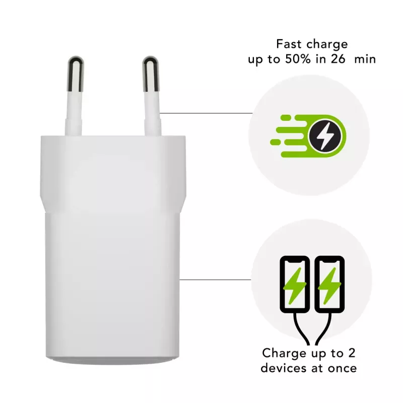 EU sieninis įkroviklis d bramante re-charge Pro — USB‑C 25W + USB‑A 18W, 110–240V, vidaus, baltas