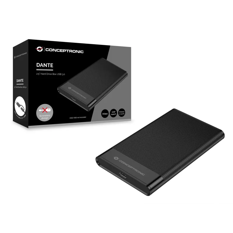 Conceptronic DANTE06B 2,5 colio kietojo disko dėžutė USB 3.0, HDD/SSD korpusas, 2,5 colio, Serial ATA III, 6 Gbit/s, USB jungtis, juoda