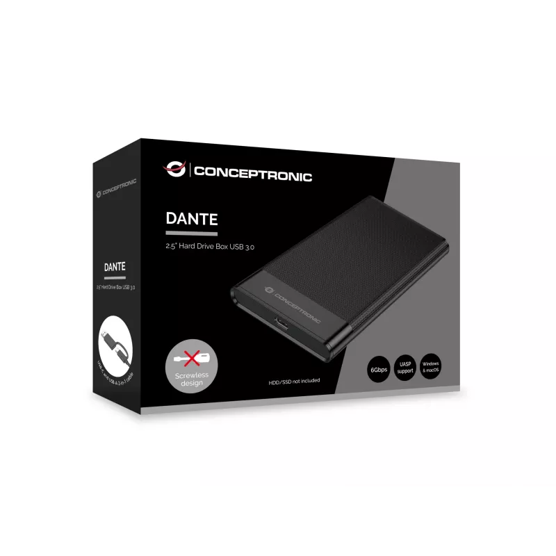 Conceptronic DANTE06B 2,5 colio kietojo disko dėžutė USB 3.0, HDD/SSD korpusas, 2,5 colio, Serial ATA III, 6 Gbit/s, USB jungtis, juoda