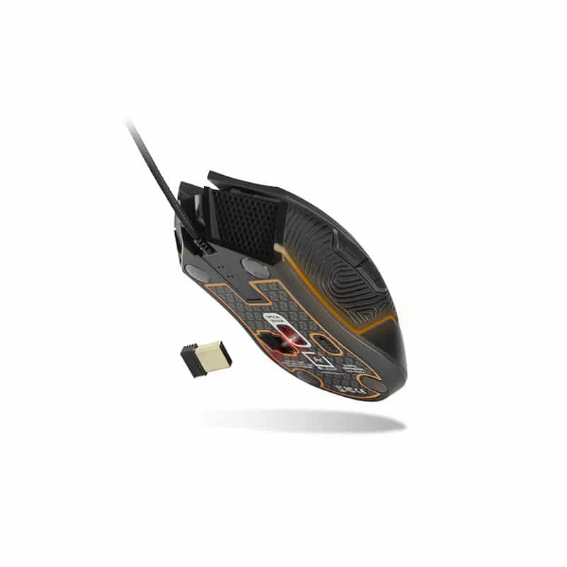 Pelė Lexip Ar18 – belaidė žaidimų pelė su keraminiais slydikliais, dešinei rankai, optinė, RF belaidis + USB A, 4800 DPI, juoda