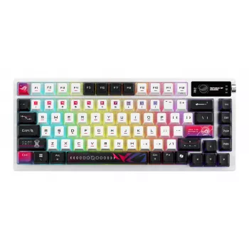 Mechaninė žaidimų klaviatūra ASUS ROG Azoth X — 75% išdėstymas, USB + RF belaidis + Bluetooth, RGB, riešo atrama, juoda/balta