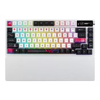 Mechaninė žaidimų klaviatūra ASUS ROG Azoth X — 75% išdėstymas, USB + RF belaidis + Bluetooth, RGB, riešo atrama, juoda/balta