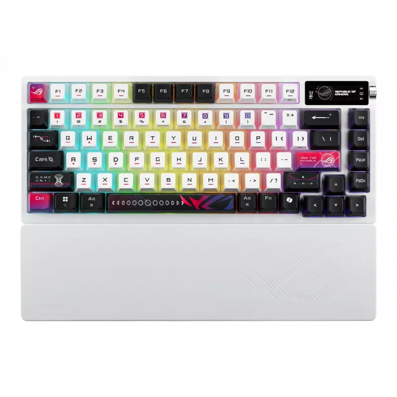 Mechaninė žaidimų klaviatūra ASUS ROG Azoth X — 75% išdėstymas, USB + RF belaidis + Bluetooth, RGB, riešo atrama, juoda/balta