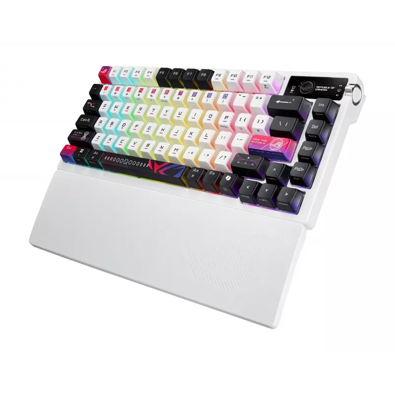 Mechaninė žaidimų klaviatūra ASUS ROG Azoth X — 75% išdėstymas, USB + RF belaidis + Bluetooth, RGB, riešo atrama, juoda/balta