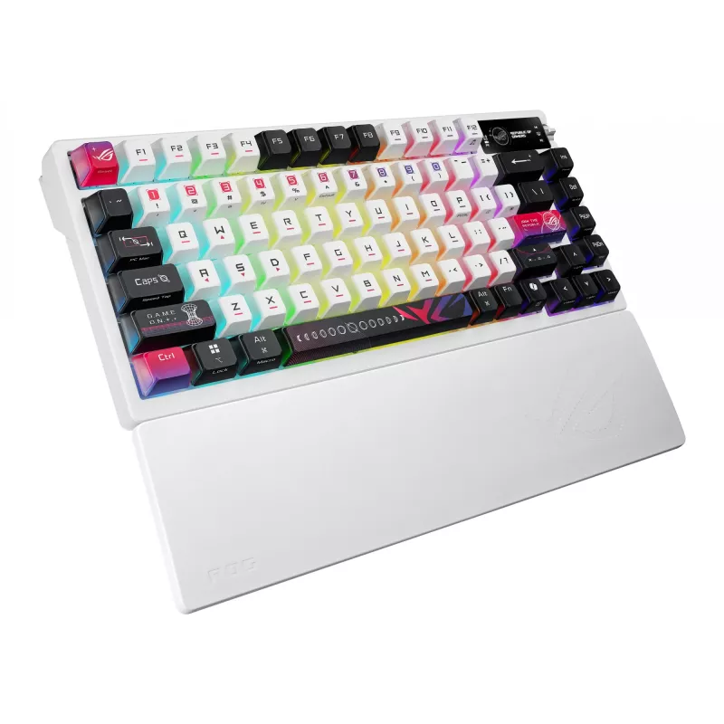 Mechaninė žaidimų klaviatūra ASUS ROG Azoth X — 75% išdėstymas, USB + RF belaidis + Bluetooth, RGB, riešo atrama, juoda/balta