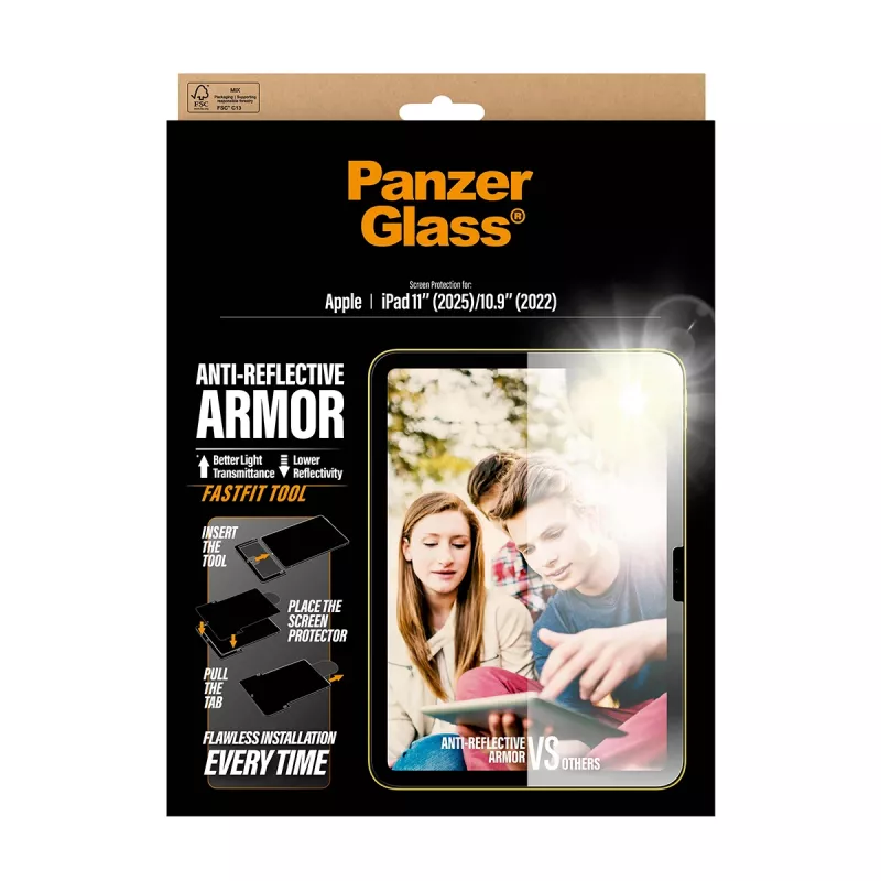 Apsauginis stiklas PanzerGlass Anti-Reflective Armor iPad 11 col. (2025–2026) / 10,9 col. (2022) Ultra-Wide Fit su Fastfit įrankiu