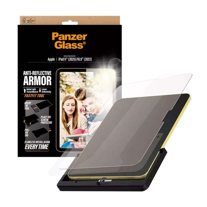 Apsauginis stiklas PanzerGlass Anti-Reflective Armor iPad 11 col. (2025–2026) / 10,9 col. (2022) Ultra-Wide Fit su Fastfit įrankiu
