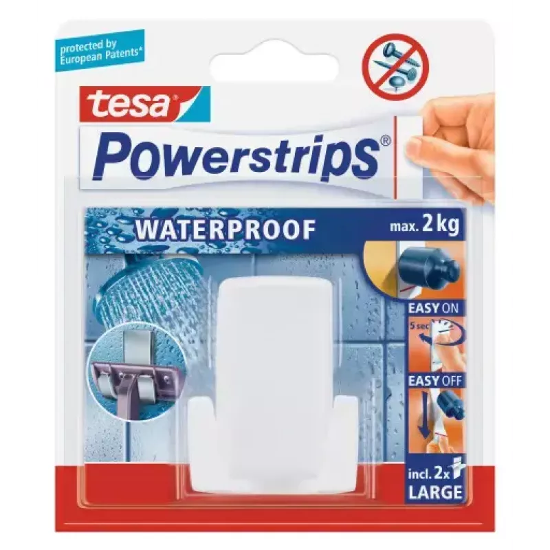 Skustuvų laikiklis Tesa Powerstrips Waterproof Wave, lipnus vonios montavimas, vandeniui atsparus dizainas, baltas