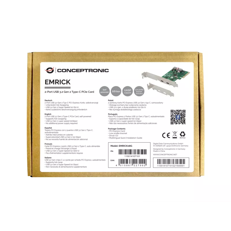 Conceptronic EMRICK 2 prievadų USB 3.2 Gen 2 Type-C PCIe kortelė, savaiminio maitinimo