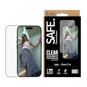 Apsauginė plėvelė PanzerGlass SAFE. by iPhone 17 Pro – itin plati PET plėvelė su juodu rėmeliu, sausa aplikacija, atspari įbrėžimams ir smūgiams