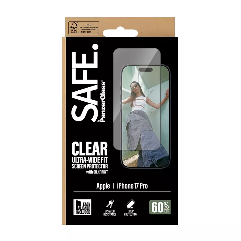 Apsauginė plėvelė PanzerGlass SAFE. by iPhone 17 Pro – itin plati PET plėvelė su juodu rėmeliu, sausa aplikacija, atspari įbrėžimams ir smūgiams