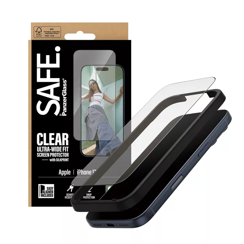 Apsauginė plėvelė PanzerGlass SAFE. by iPhone 17 Pro – itin plati PET plėvelė su juodu rėmeliu, sausa aplikacija, atspari įbrėžimams ir smūgiams