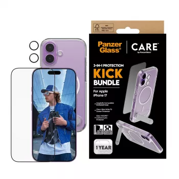 Apsauginis dėklas PanzerGlass CARE Feature Kick 3w1, skirtas iPhone 17, su integruotu ekrano stiklu ir kameros lęšio apsauga