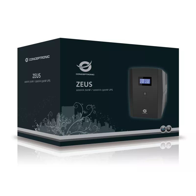 Conceptronic ZEUS 2200VA 1320W UPS, IEC + Schuko lizdas, Linijinis-interaktyvus, 2.2 kVA, 1320 W, 220 V, 240 V