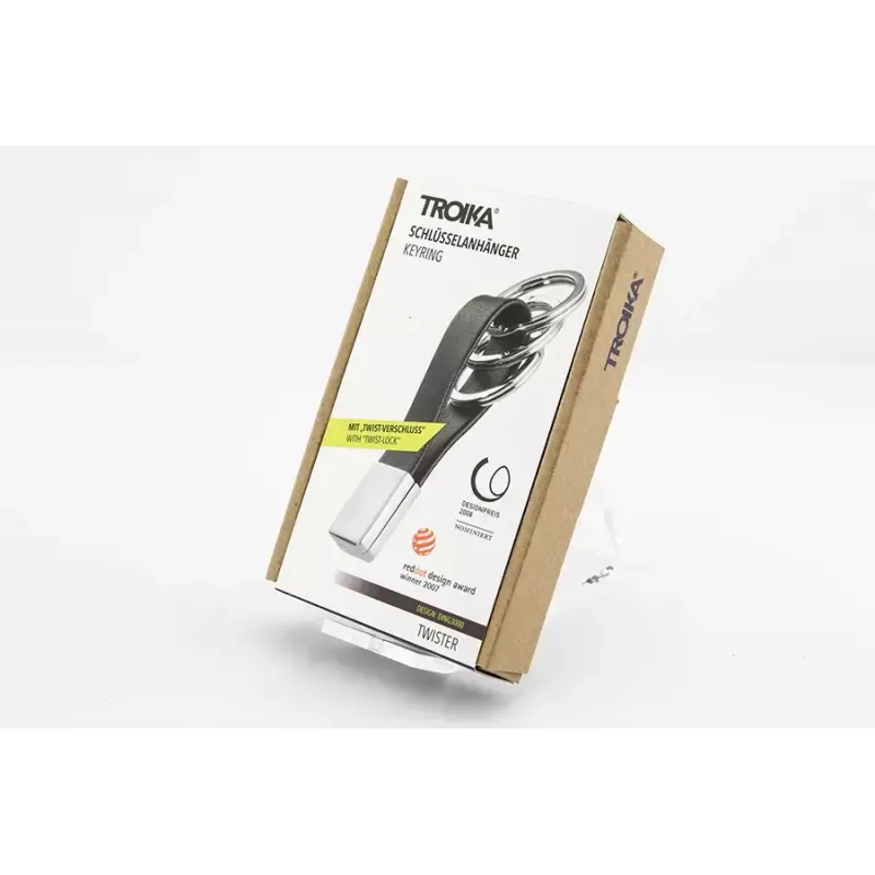 Raktų pakabukas TROIKA TWISTER juodas sidabrinis odinis metalinis 16mm 9mm