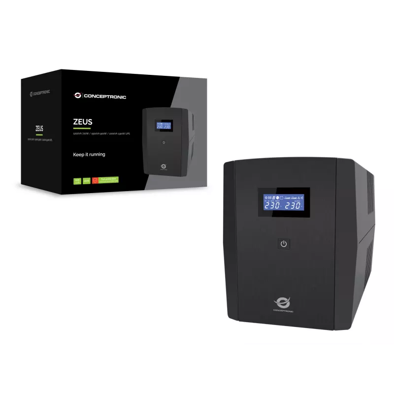 Conceptronic ZEUS04G 2200VA 1320V nepertraukiamo maitinimo šaltinis, 4x UK lizdai, HID USB, RJ45 Į/Iš, AVR