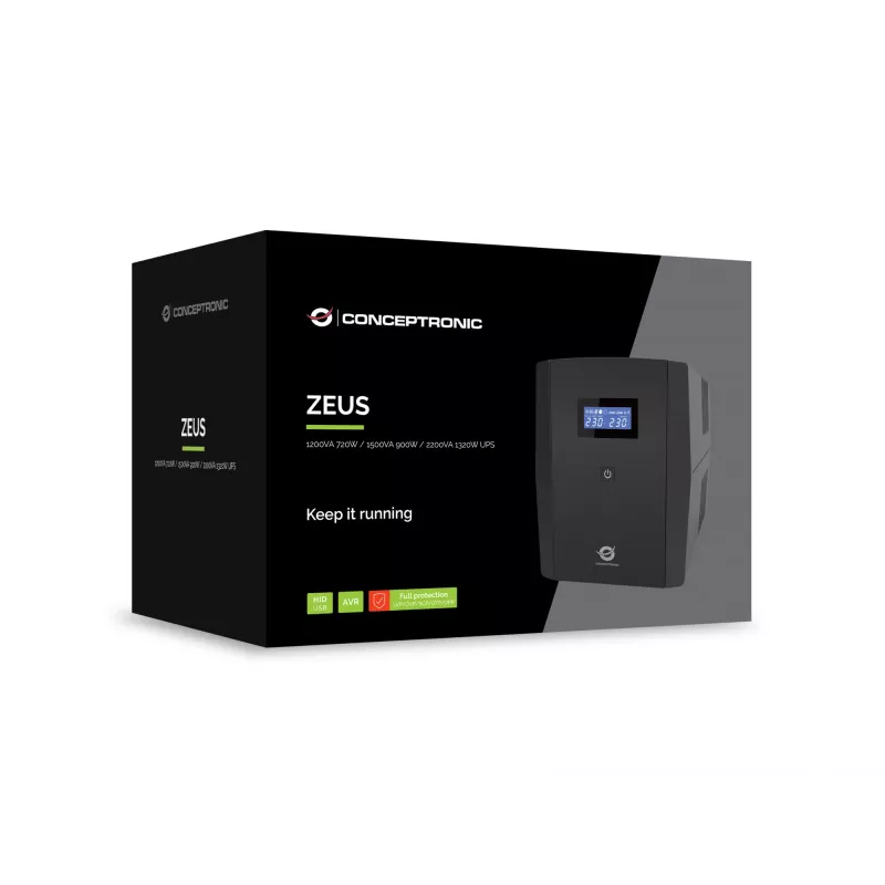 Conceptronic ZEUS04G 2200VA 1320V nepertraukiamo maitinimo šaltinis, 4x UK lizdai, HID USB, RJ45 Į/Iš, AVR